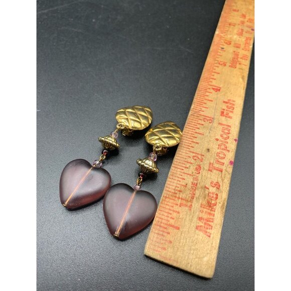 Gold Tone and Frosted Hearts Dangles Clip On Earrings Long Statement Earrings - Picture 6 of 6